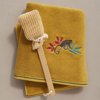 Drap de bain Badami coton peigné broderie singe jaune curcuma 100x150 - Sylvie Thiriez