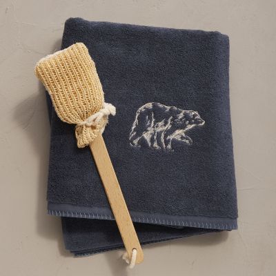 Drap de bain Esprit libre coton peigné brodé ours Bleu nuit 100x150 - Sylvie Thiriez