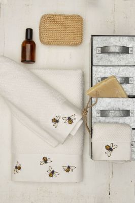 Drap de bain La Ruche coton éponge blanc broderies abeilles 100x150 - Sylvie Thiriez