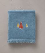 Drap de bain Porto pino en coton brodé bleu 100x150 - Sylvie Thiriez