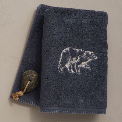 Drap de douche Esprit libre coton peigné brodé ours Bleu nuit 70x140 - Sylvie Thiriez