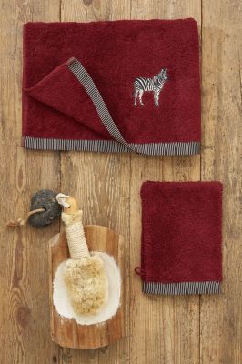 Drap de douche Massaï coton rouge broderies zèbres 70x140 - Sylvie Thiriez
