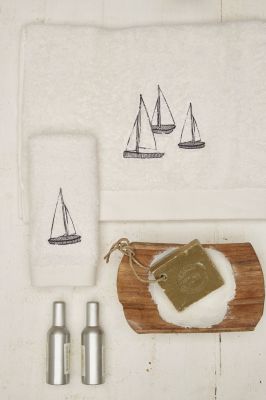 Drap de douche Stockholm éponge coton blanc broderies bateaux 70x140 - Sylvie Thiriez