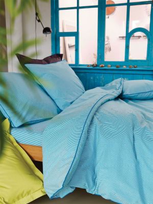 Drap housse Oslo turquoise percale lavée 140x190 - Sylvie Thiriez