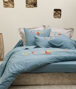 Housse de couette Porto pino en percale brodée bleu 160x210 - Sylvie Thiriez