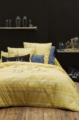 Housse de couette Stockholm percale rayée jaune broderies bateaux 140x200 - Sylvie Thiriez