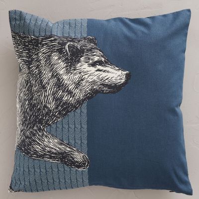 Housse de coussin Esprit Libre coton motif ours fond gris/bleu 45x45 - Sylvie Thiriez