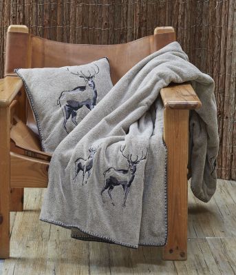 Housse de coussin polaire velours chiné ficelle brodé cerf 7 vallées 45x45 - Sylvie Thiriez