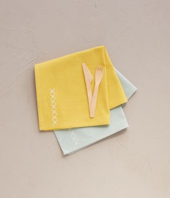 Serviette de table Nordic Winter coton chambray brodé croix jaune - Sylvie Thiriez