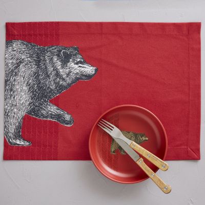 Set de table Esprit libre coton motif imprimé ours et chevrons fond rouge - Sylvie Thiriez