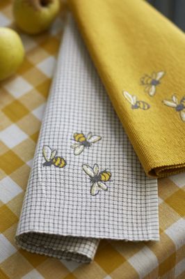 Set de table La Ruche coton côtelé carreaux beiges/gris broderies abeilles - Sylvie Thiriez