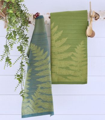 Torchon fougères Ecrin végétal vert motifs jacquard coton 50x70 - Sylvie Thiriez
