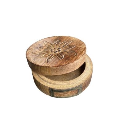 Boîte ronde petite en bois brûlé edelweiss 15x15x7,5 - Les Sculpteurs du lac