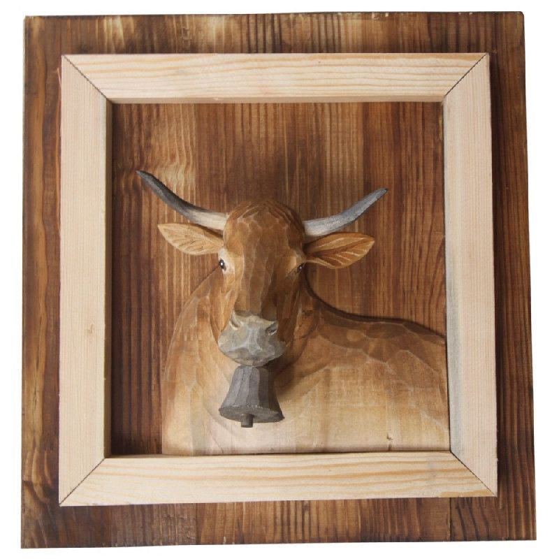 Cadre bois sculpté peint Portrait de vache Salers - Les Sculpteurs du lac