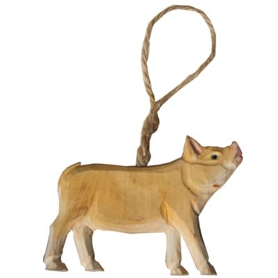 Cochon en bois sculpté main tilleul/chanvre à suspendre - Les Sculpteurs du lac