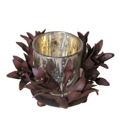 Photophore métal et verre soufflé argenté fleurs - Les Sculpteurs du lac