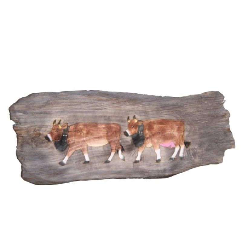 Planche décorative bois peint Deux Vaches - Les Sculpteurs du lac