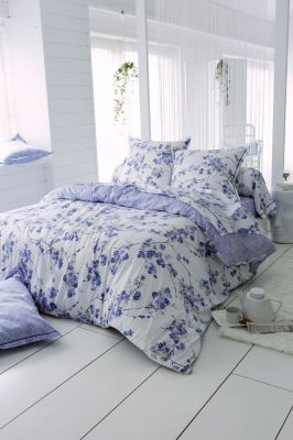 Drap housse Blossom satin de coton motifs géométriques bleu Faïence 160x200 - Tradilinge