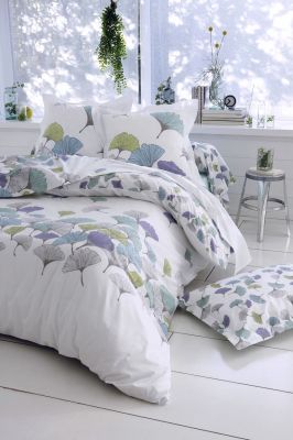 Housse de couette Ginkgo percale motifs feuilles fond blanc 200x200 - Tradilinge