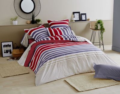 Housse de couette Stripe Pacific rayures rouges bleues beiges 140x200 - Tradilinge