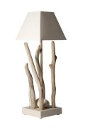Lampe à poser Nature en bois flotté abat-jour blanc Ht65 - Coc'art Créations