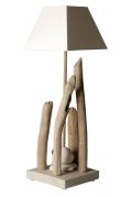 Lampe à poser Nature en bois flotté abat-jour blanc Ht80 - Coc'art Créations