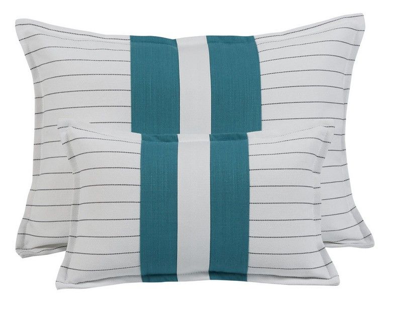 Coussin Cabanon recto & verso rayure tennis & centre uni turquoise 45x30 - Autrement dit
