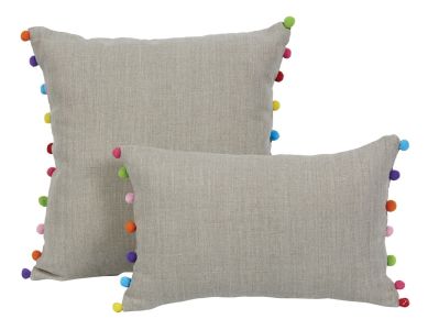 Coussin lin naturel + pompons multicolores Farandole 45x30 - Autrement dit