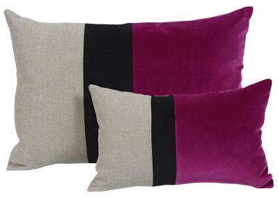 Coussin velours fuchsia et noir et lin naturel Farandole 60x45 - Autrement dit