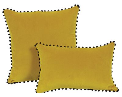 Coussin velours jaune + pompons noirs Farandole 45x30 - Autrement dit